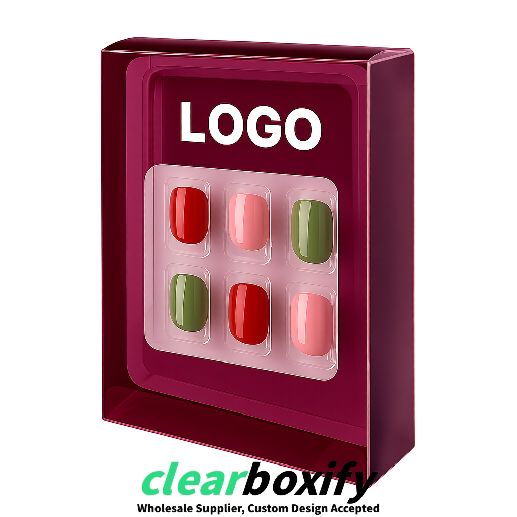 Plum Clear Press-on Nails Box with Hanging Hook | Plastic PVC PP PET Packaging