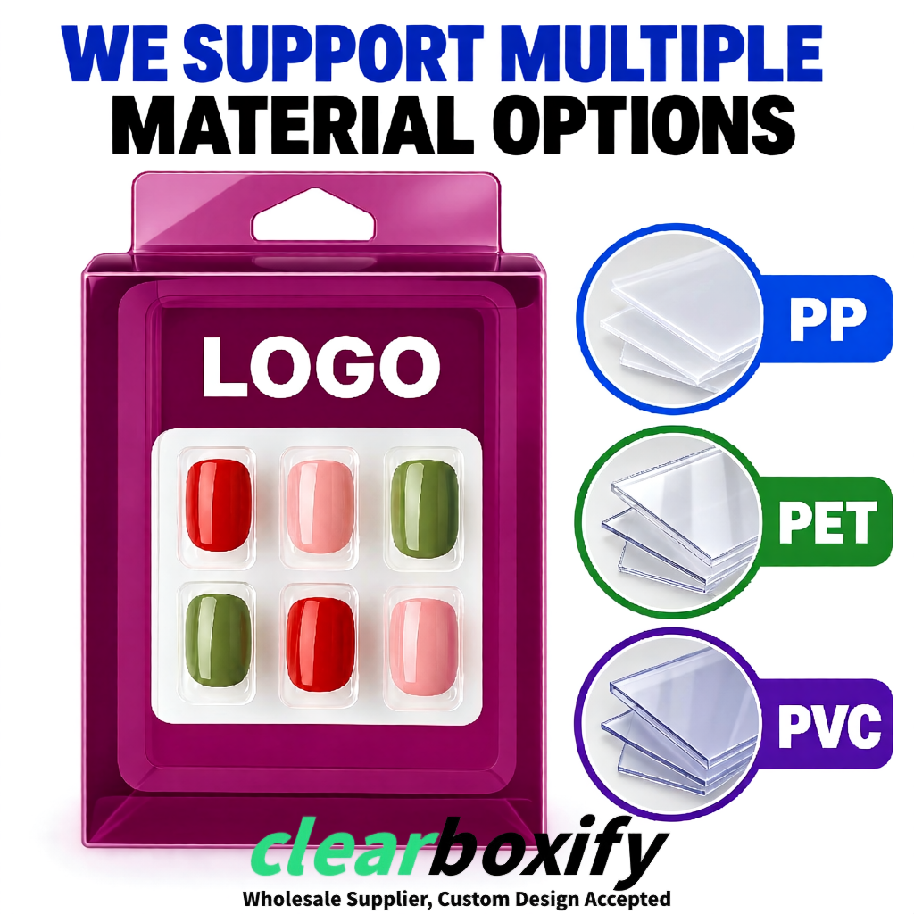 Plum Clear Press-on Nails Box with Hanging Hook | Plastic PVC PP PET Packaging