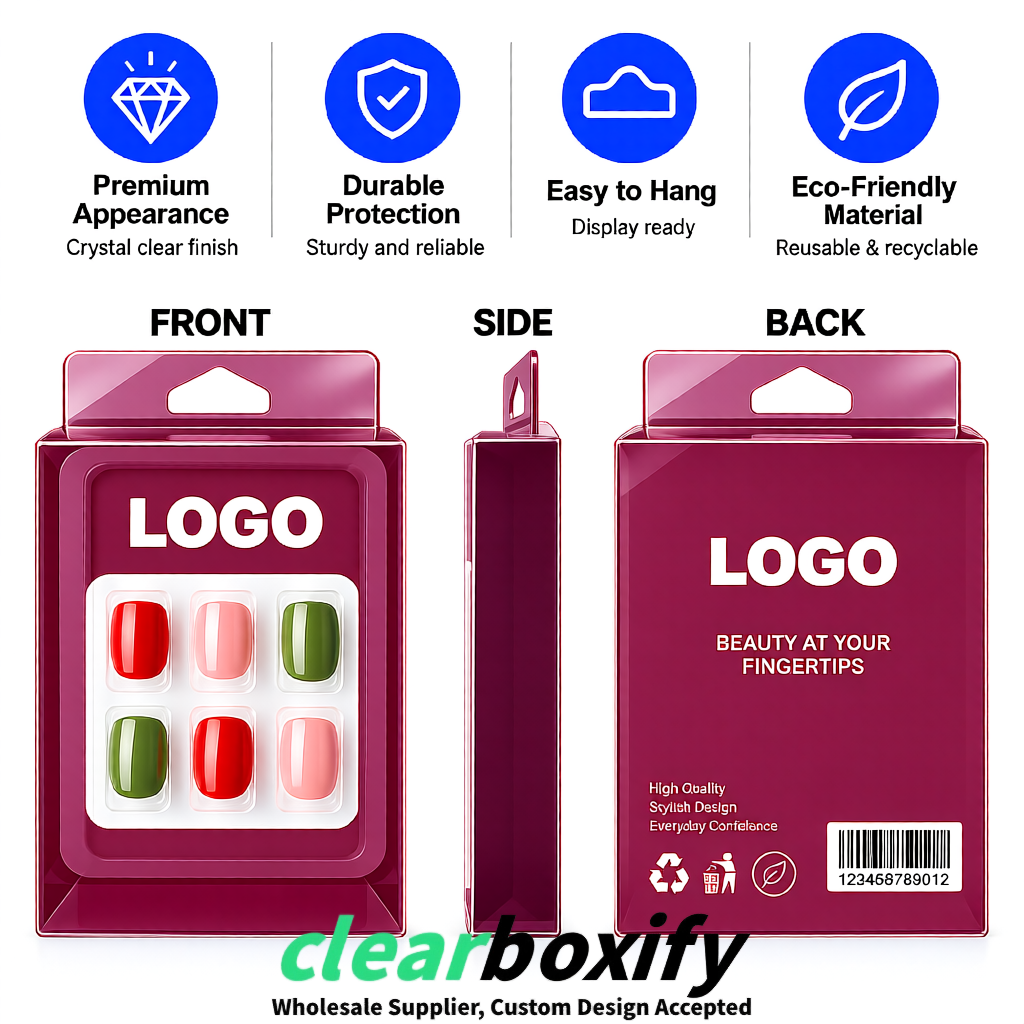 Plum Clear Press-on Nails Box with Hanging Hook | Plastic PVC PP PET Packaging