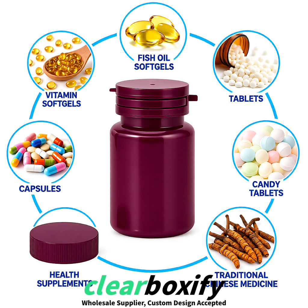 80ml Plum Plastic Supplement Bottle for Capsules & Pills, TCM & Softgels