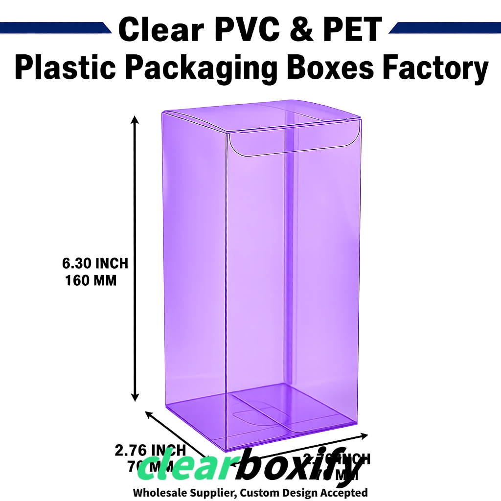 Purple PPWR-ready PVC & PET Clear Boxes 80x80x80/120/140/190mm 70x70x160 mm Factory
