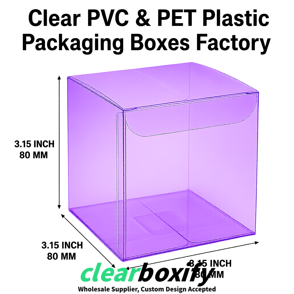 Purple PPWR-ready PVC & PET Clear Boxes 80x80x80/120/140/190mm 70x70x160 mm Factory