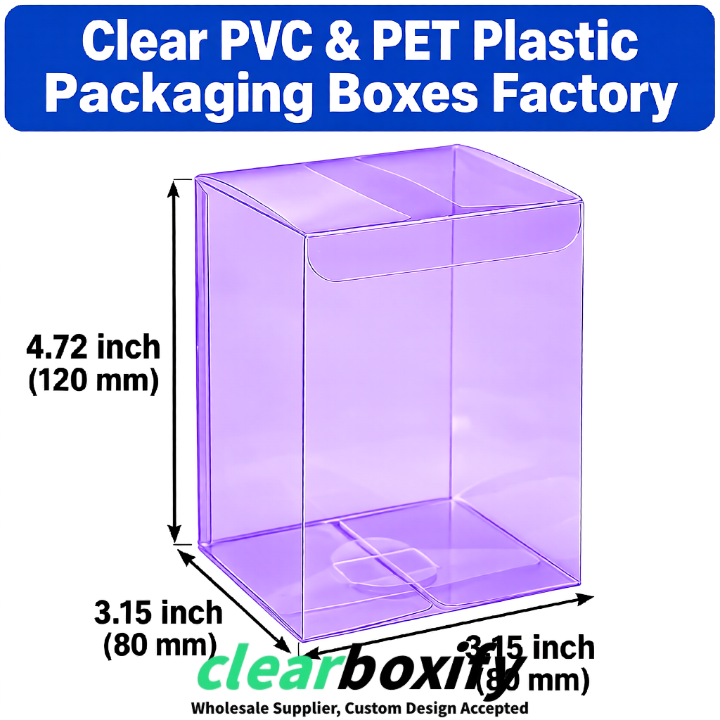 Purple PPWR-ready PVC & PET Clear Boxes 80x80x80/120/140/190mm 70x70x160 mm Factory
