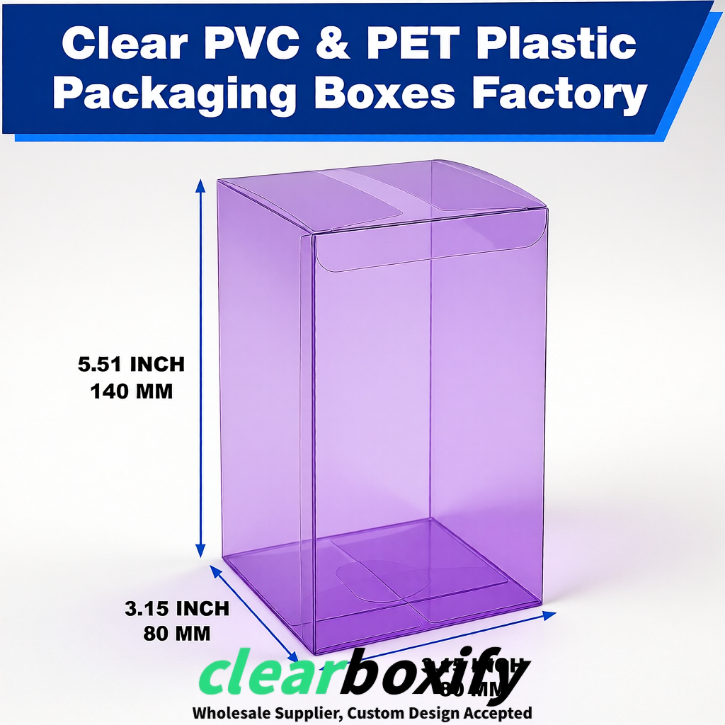Purple PPWR-ready PVC & PET Clear Boxes 80x80x80/120/140/190mm 70x70x160 mm Factory