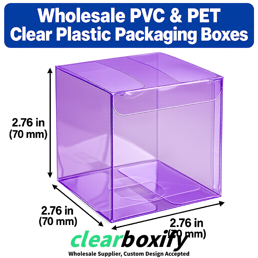 PPWR-Aligned Purple Translucent PVC & PET Boxes 60x60x180mm 76x76x76mm 70x70x70/100/120mm