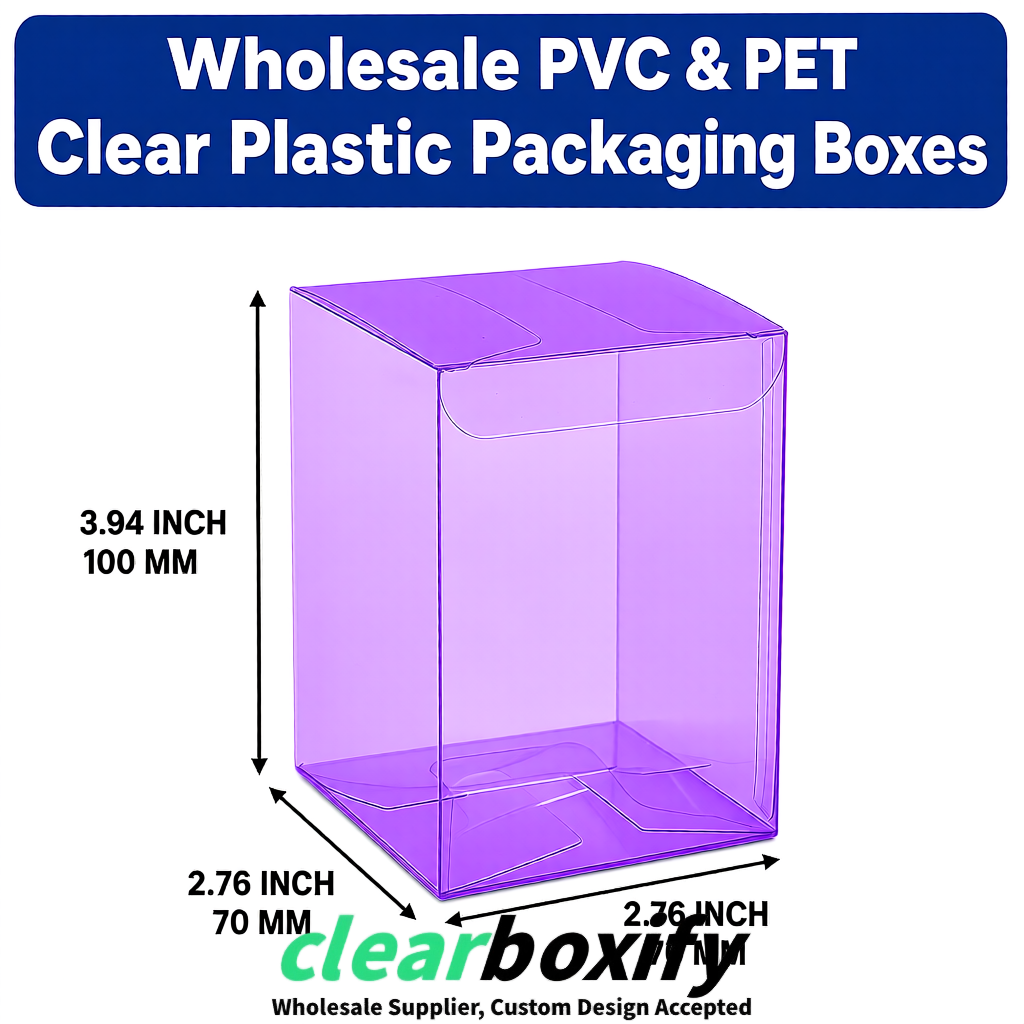 PPWR-Aligned Purple Translucent PVC & PET Boxes 60x60x180mm 76x76x76mm 70x70x70/100/120mm