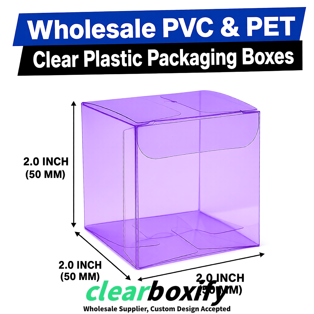 Purple Clear PVC & PET Boxes 38x38x38, 40x40x40, 50x50x50/80mm