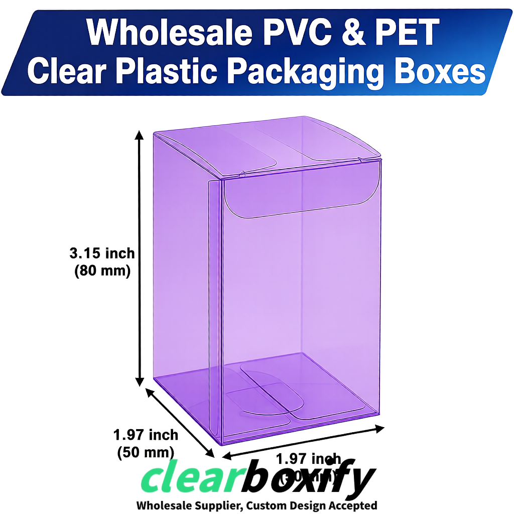 Purple Clear PVC & PET Boxes 38x38x38, 40x40x40, 50x50x50/80mm
