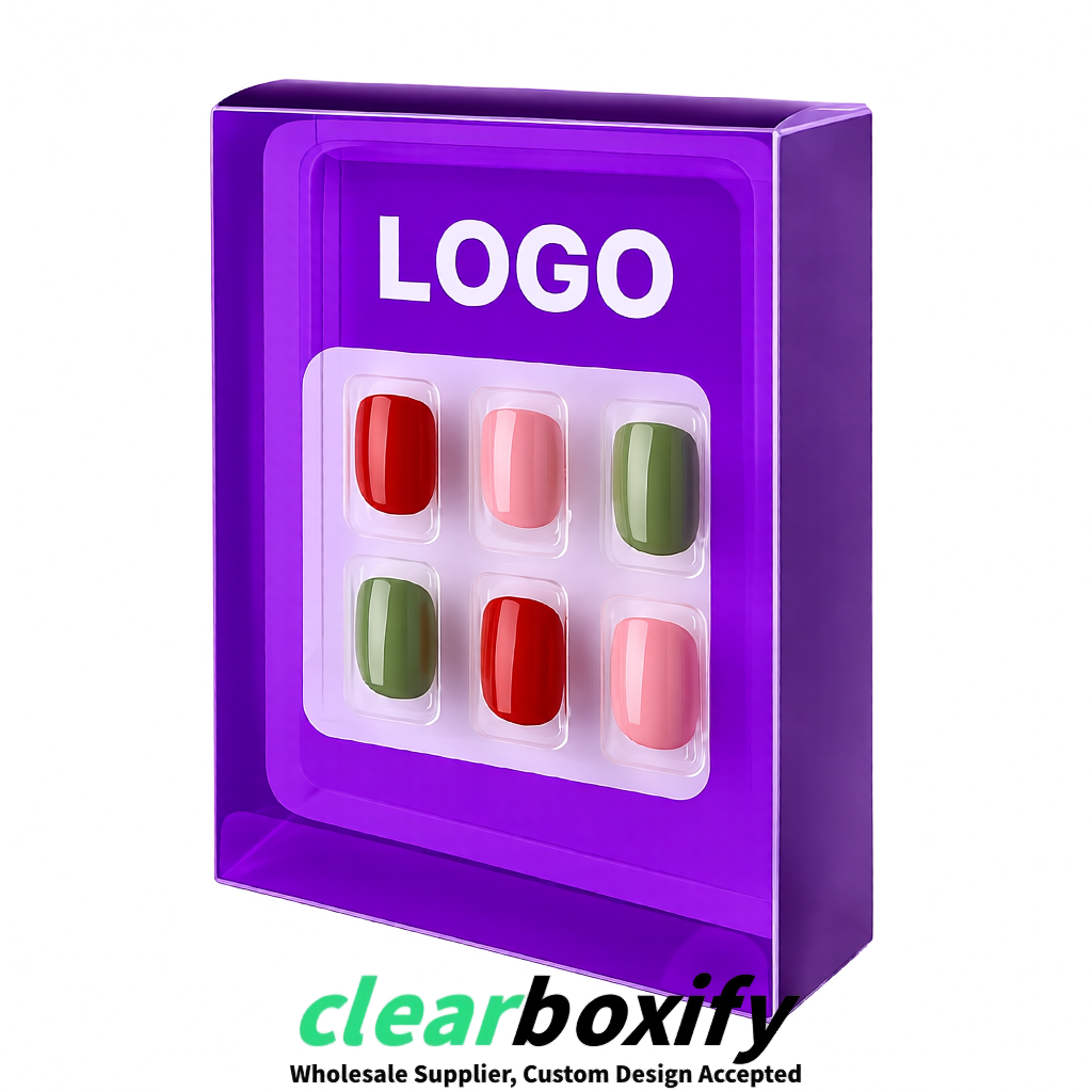 Purple Clear Press-on Nails Box with Hanging Hook | Plastic PVC PP PET Packaging