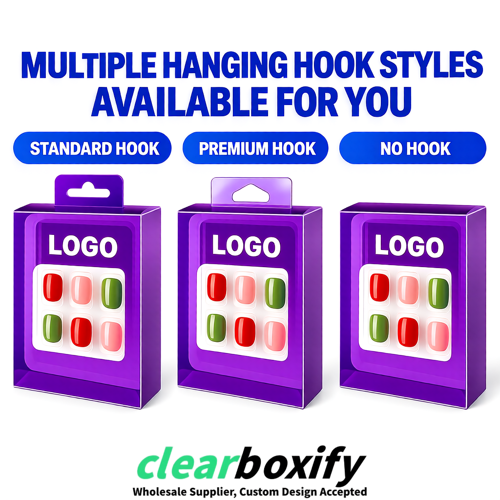 Purple Clear Press-on Nails Box with Hanging Hook | Plastic PVC PP PET Packaging Purple Clear Press-on Nails Box with Hanging Hook | Plastic PVC PP PET Packaging