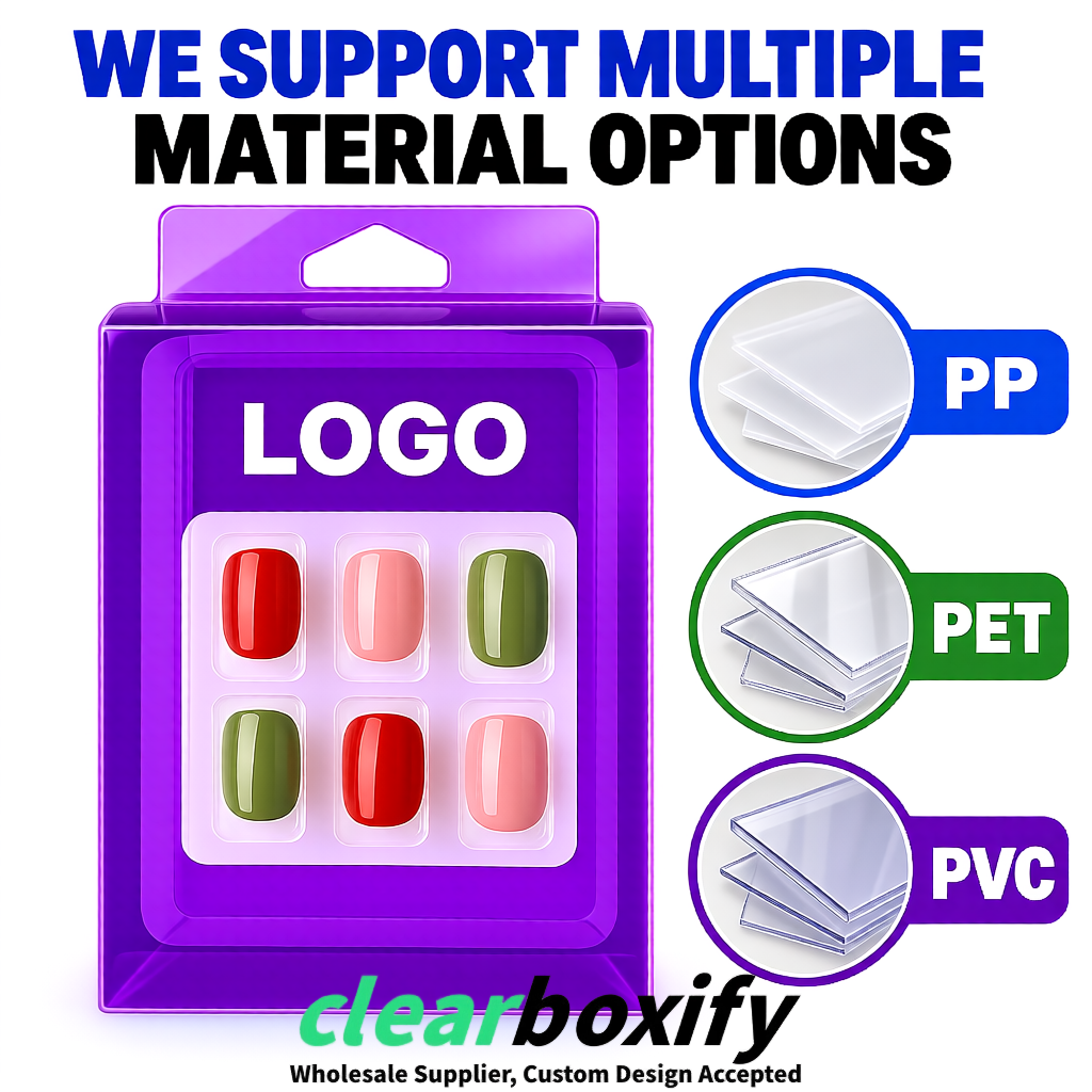 Purple Clear Press-on Nails Box with Hanging Hook | Plastic PVC PP PET Packaging