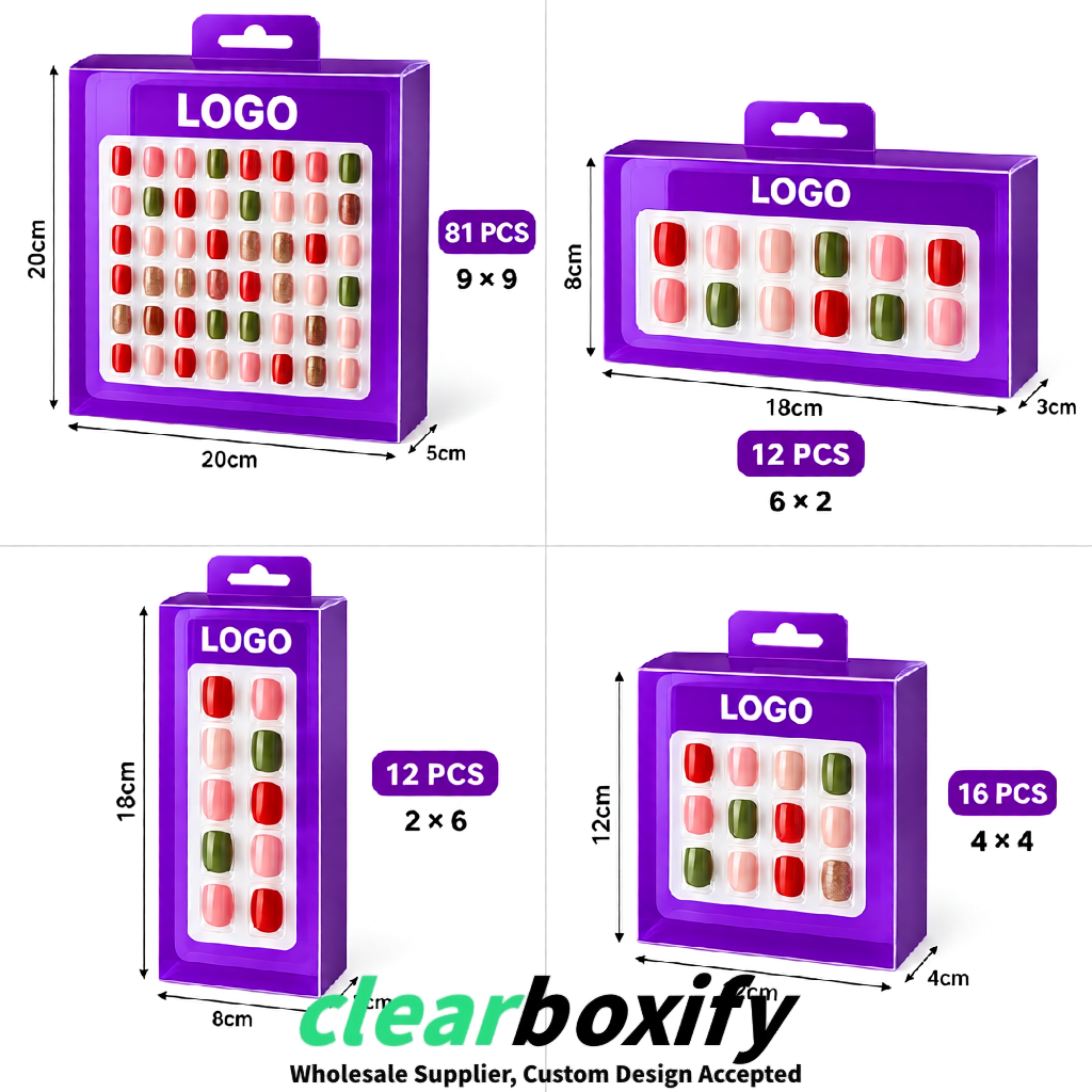 Purple Clear Press-on Nails Box with Hanging Hook | Plastic PVC PP PET Packaging