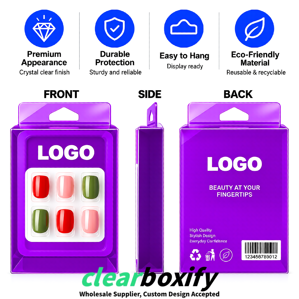 Purple Clear Press-on Nails Box with Hanging Hook | Plastic PVC PP PET Packaging