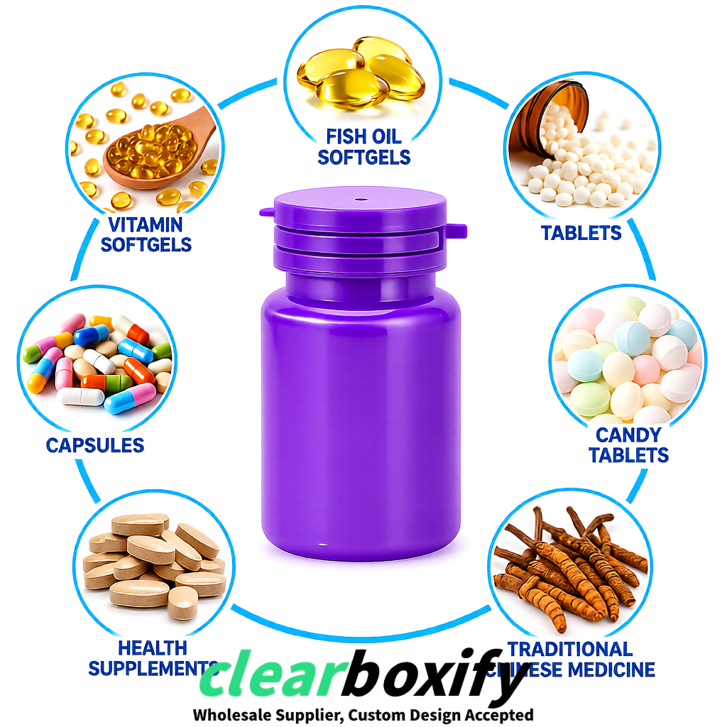 80ml Purple Plastic Supplement Bottle for Capsules & Pills, TCM & Softgels