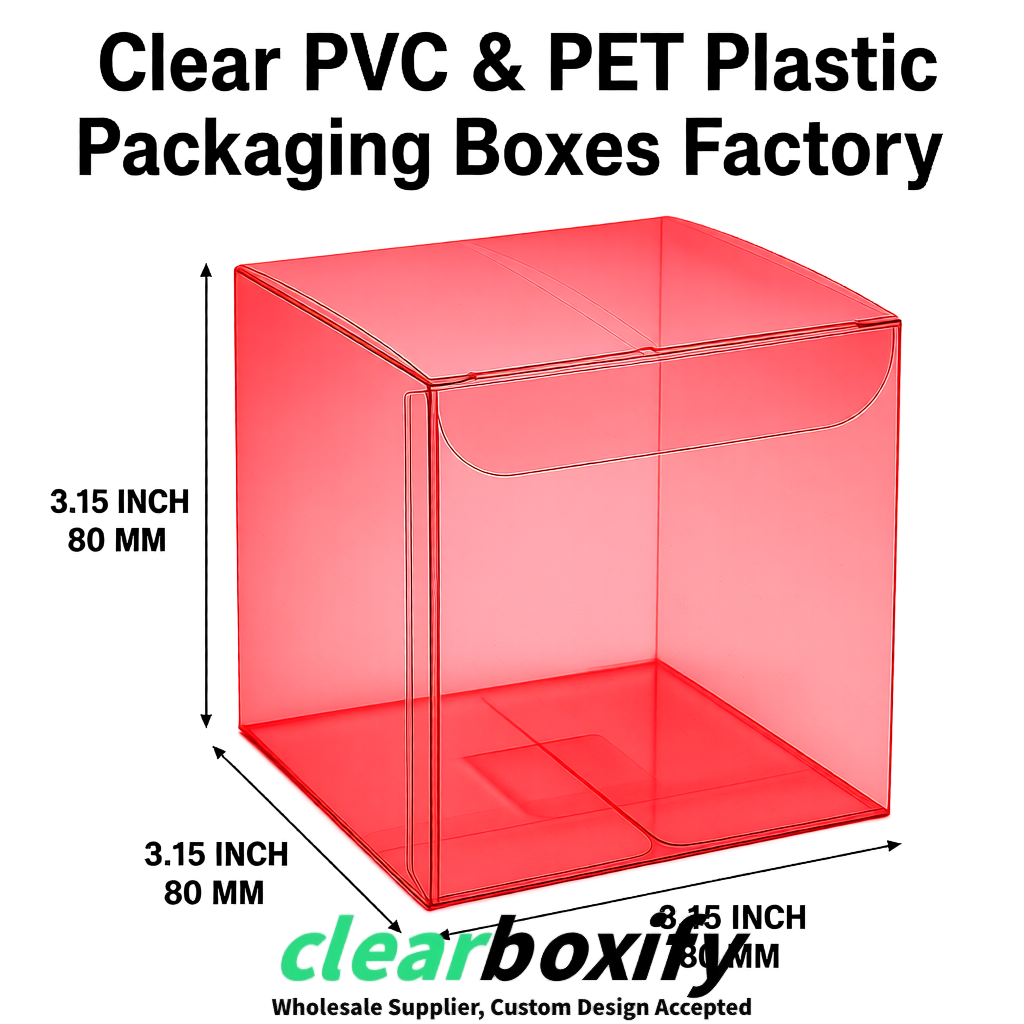Red PPWR-ready PVC & PET Clear Boxes 80x80x80/120/140/190mm 70x70x160 mm Factory