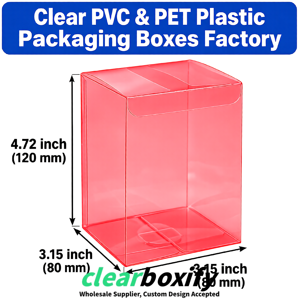 Red PPWR-ready PVC & PET Clear Boxes 80x80x80/120/140/190mm 70x70x160 mm Factory