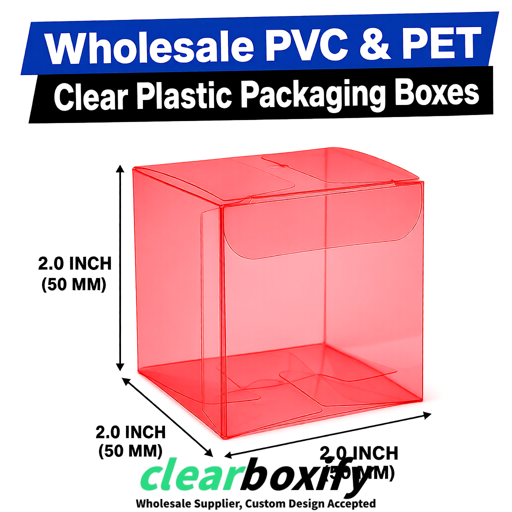 Red Clear PVC & PET Boxes 38x38x38, 40x40x40, 50x50x50/80mm
