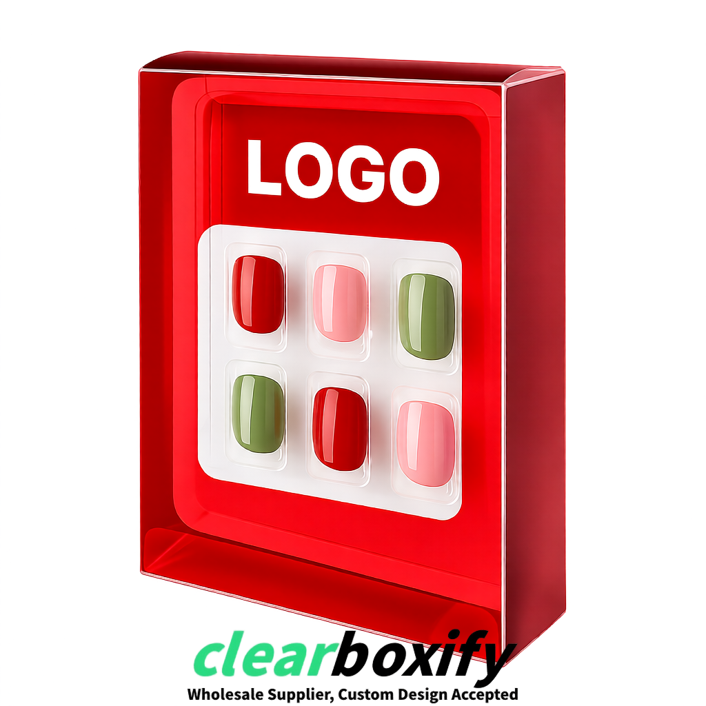 Red Clear Press-on Nails Box with Hanging Hook | Plastic PVC PP PET Packaging