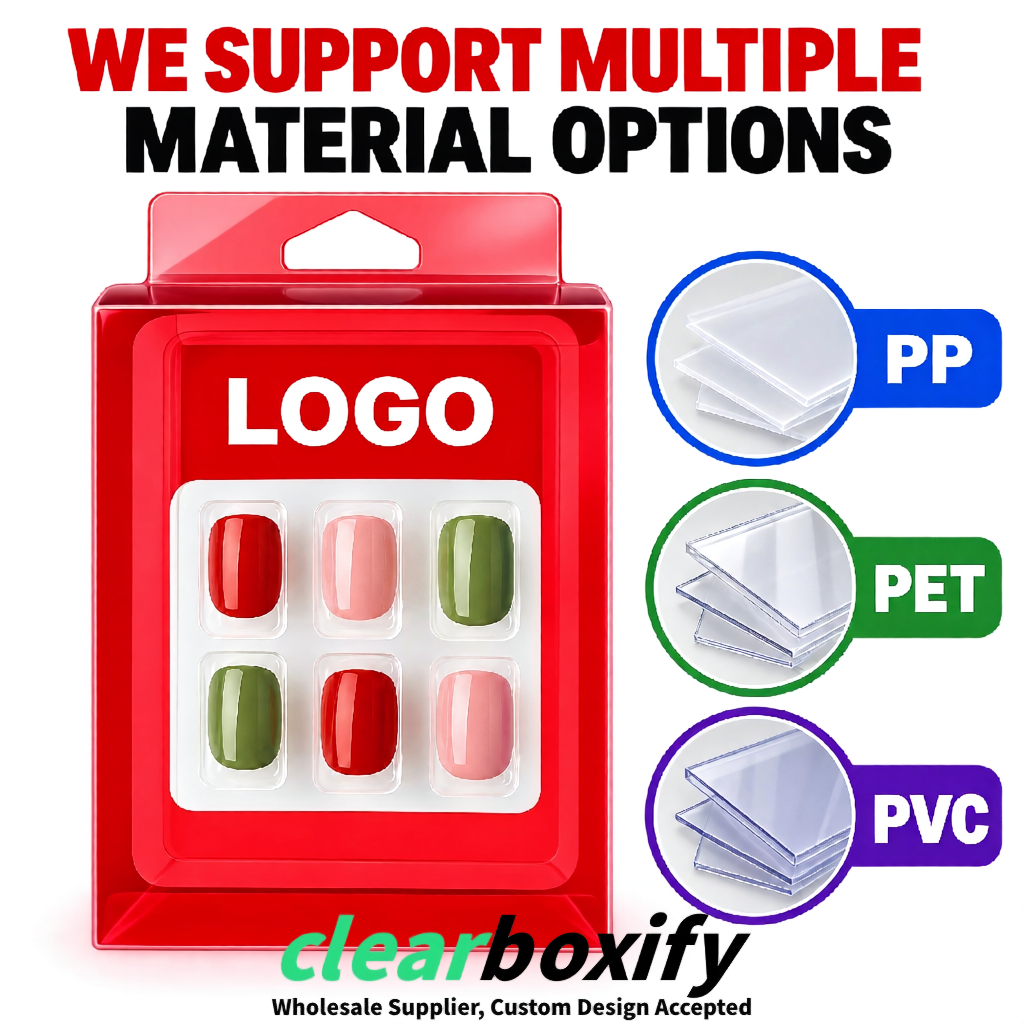 Red Clear Press-on Nails Box with Hanging Hook | Plastic PVC PP PET Packaging
