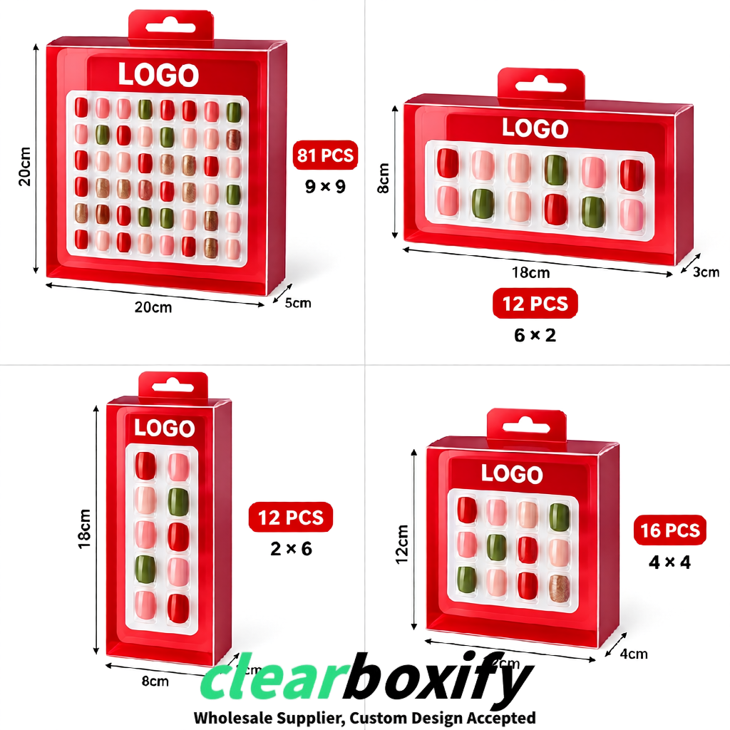 Red Clear Press-on Nails Box with Hanging Hook | Plastic PVC PP PET Packaging