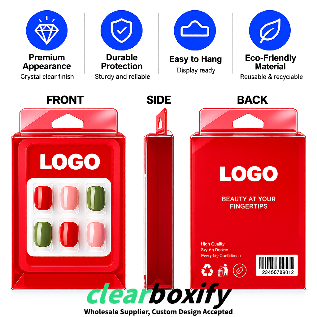Red Clear Press-on Nails Box with Hanging Hook | Plastic PVC PP PET Packaging
