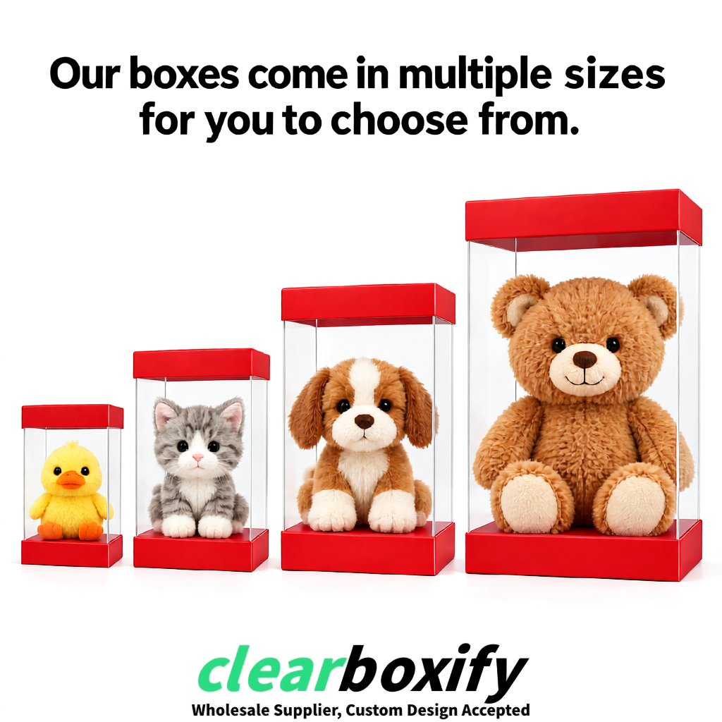 Red Clear Toy Display Boxes with White Base & Top | Wholesale Bulk Packaging