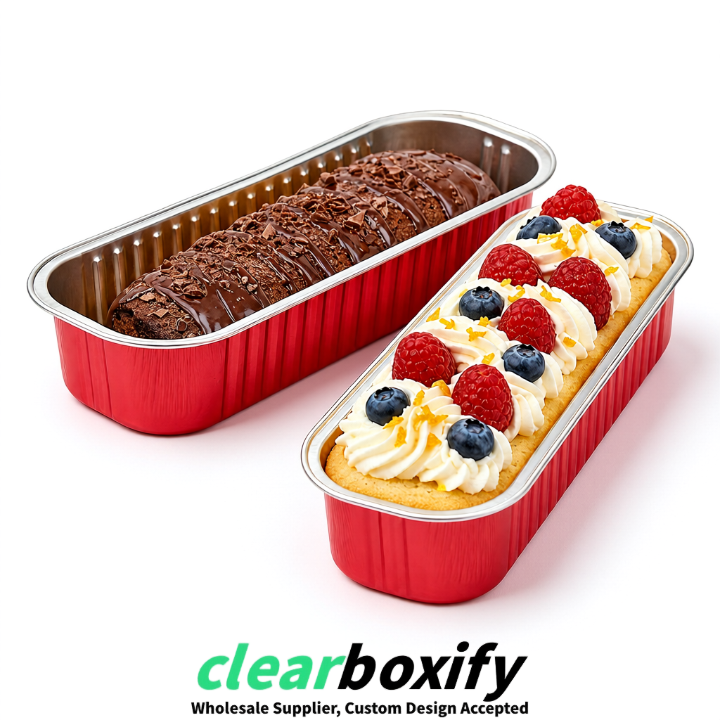 Red Mini Loaf Pans with Clear Lids 6.8oz Rectangular Aluminum Foil Baking Pans Supplier