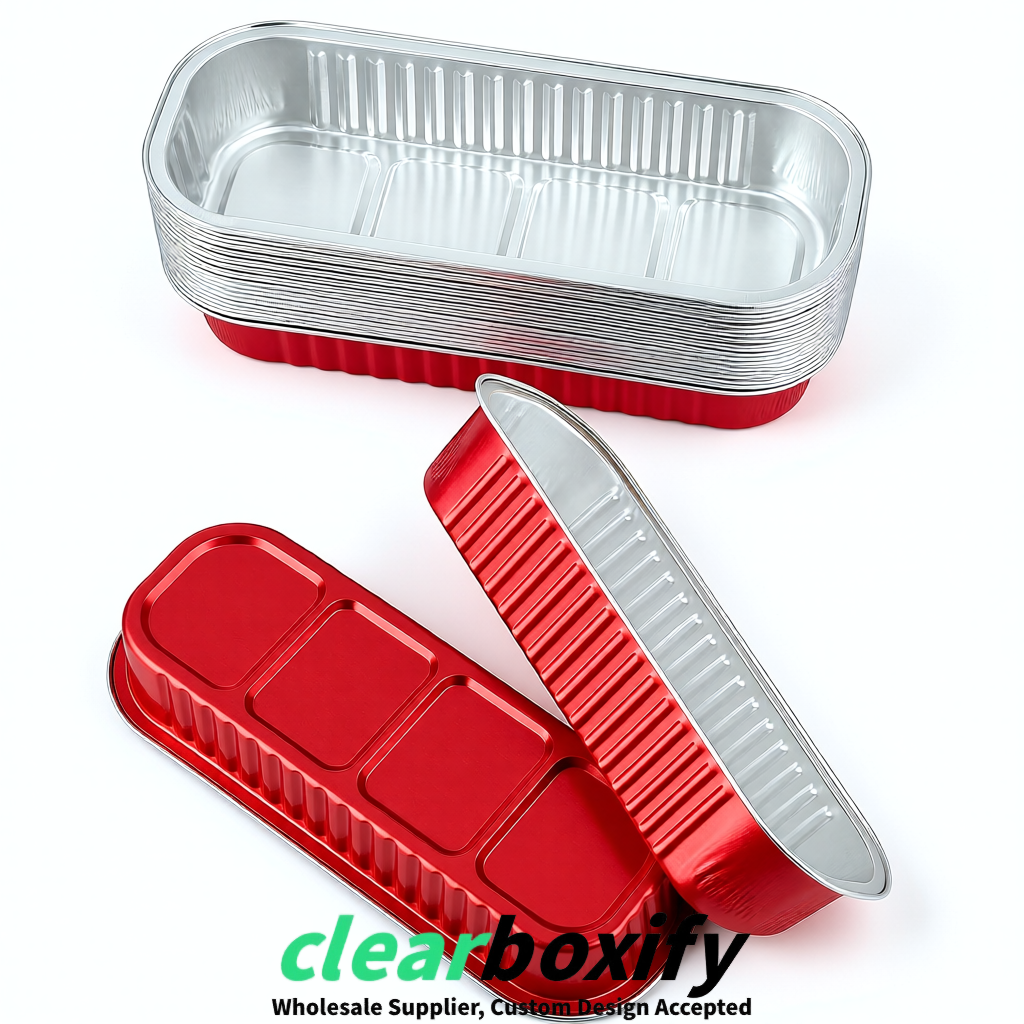 Red Mini Loaf Pans with Clear Lids 6.8oz Rectangular Aluminum Foil Baking Pans Supplier