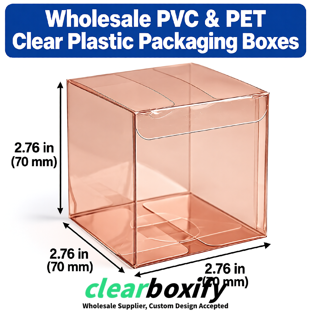 PPWR-Aligned Rose Gold Translucent PVC & PET Boxes 60x60x180mm 76x76x76mm 70x70x70/100/120mm