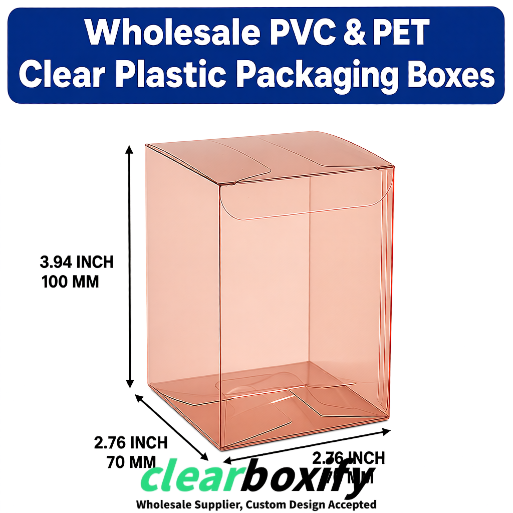 PPWR-Aligned Rose Gold Translucent PVC & PET Boxes 60x60x180mm 76x76x76mm 70x70x70/100/120mm