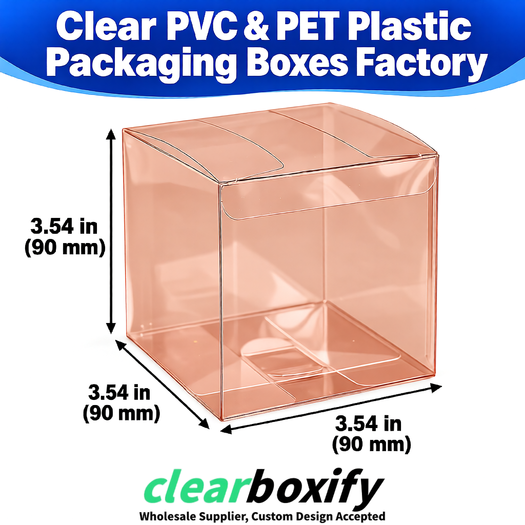 Wholesale Rose Gold Clear PVC & PET Boxes 90x90x90mm 100x100x30/50/100mm