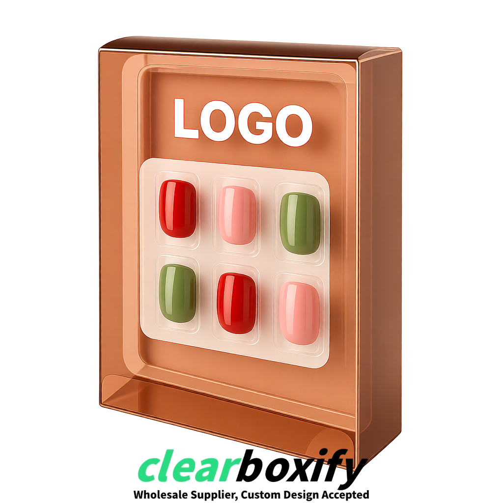 Rose Gold Clear Press-on Nails Box with Hanging Hook | Plastic PVC PP PET Packaging