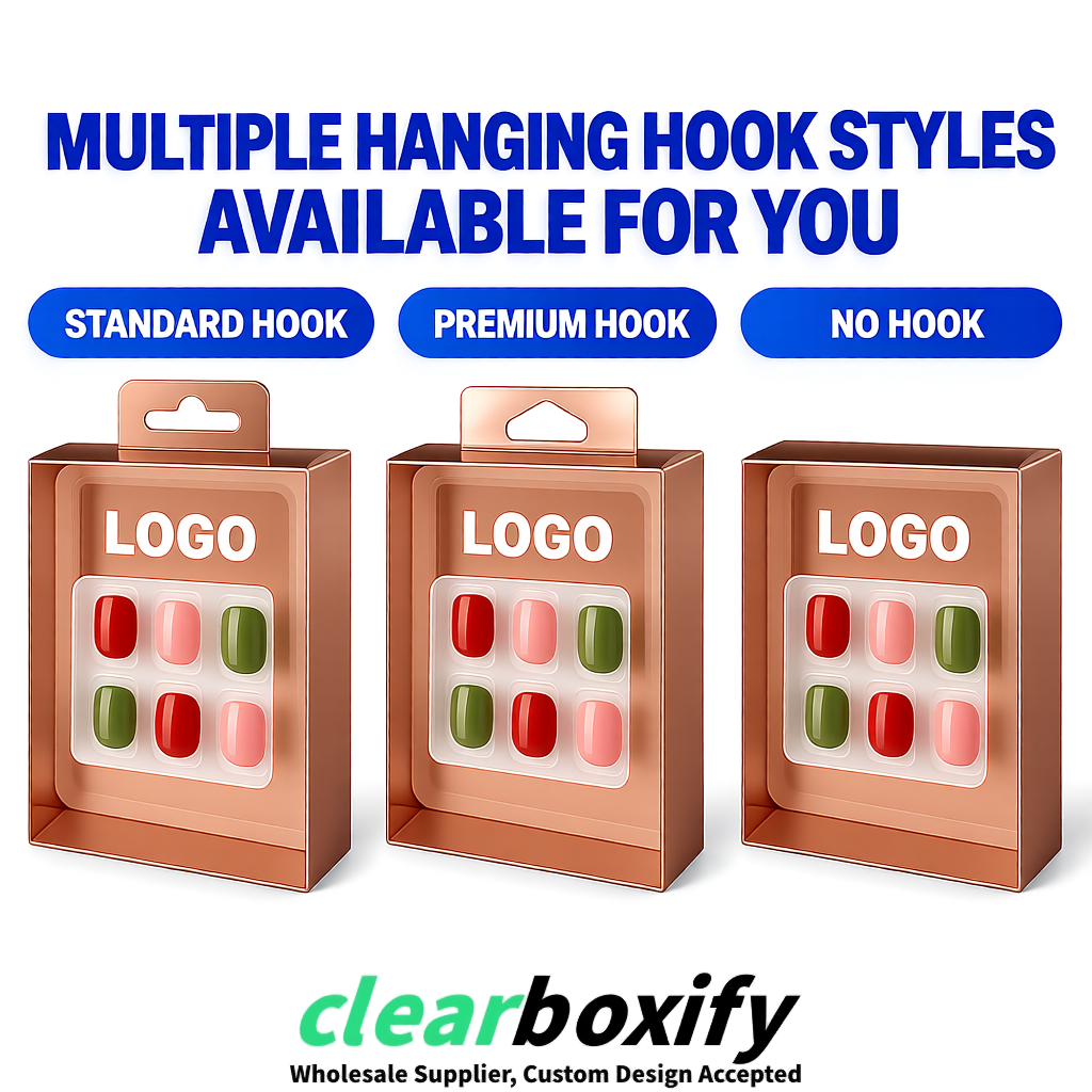 Rose Gold Clear Press-on Nails Box with Hanging Hook | Plastic PVC PP PET Packaging Rose Gold Clear Press-on Nails Box with Hanging Hook | Plastic PVC PP PET Packaging