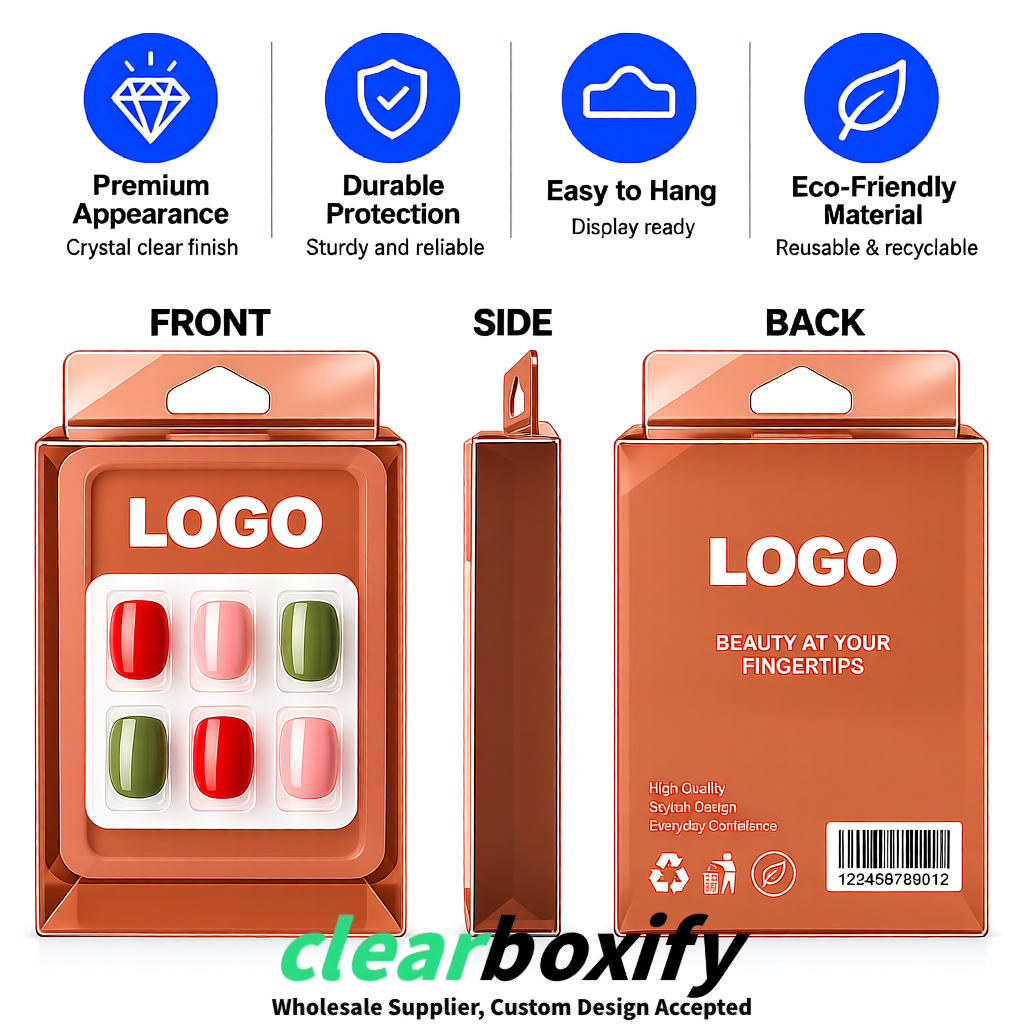 Rose Gold Clear Press-on Nails Box with Hanging Hook | Plastic PVC PP PET Packaging