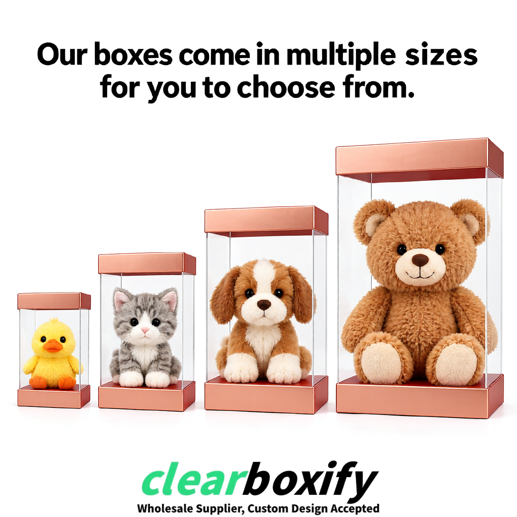 Rose Gold Clear Toy Display Boxes with White Base & Top | Wholesale Bulk Packaging