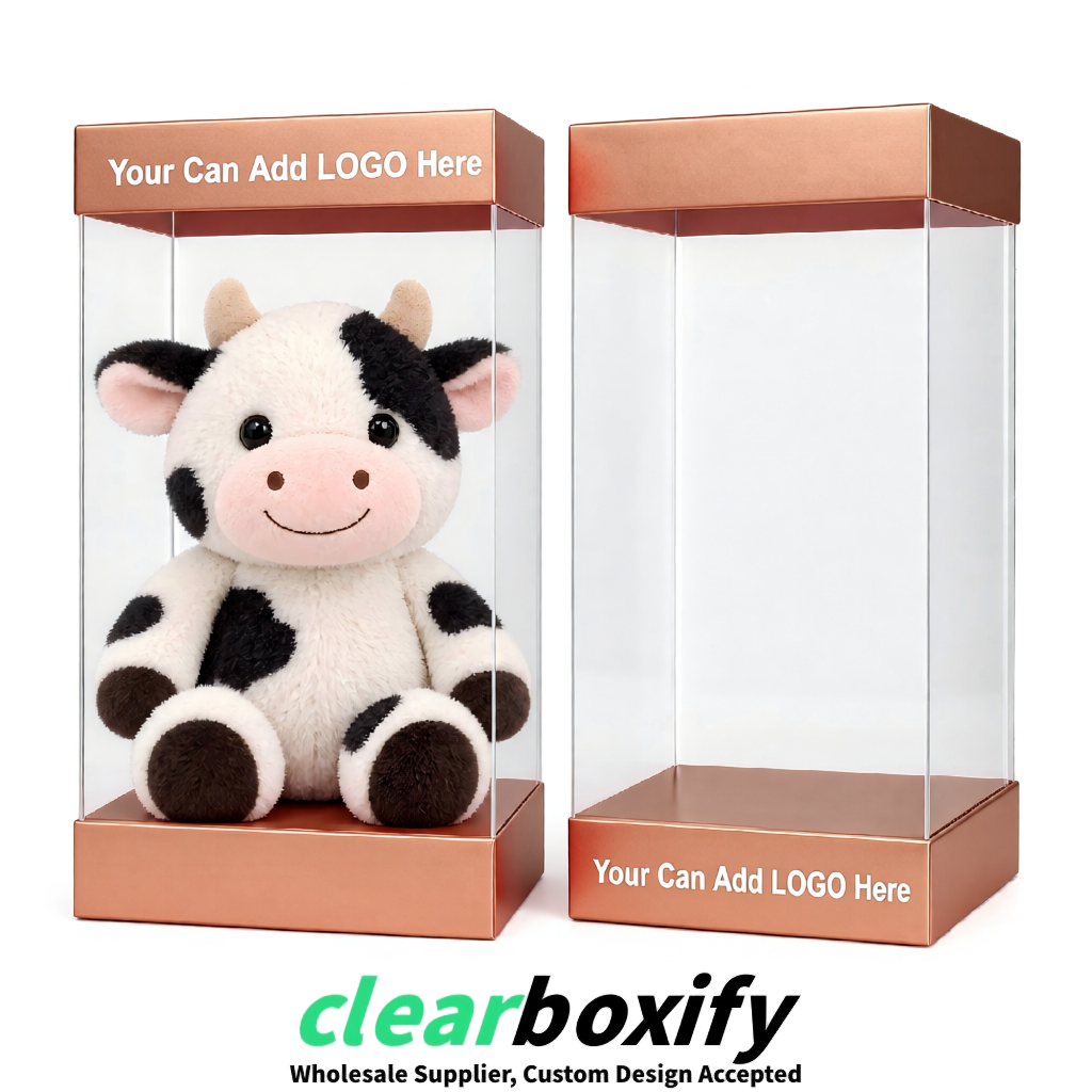 Rose Gold Clear Toy Display Boxes with White Base & Top | Wholesale Bulk Packaging