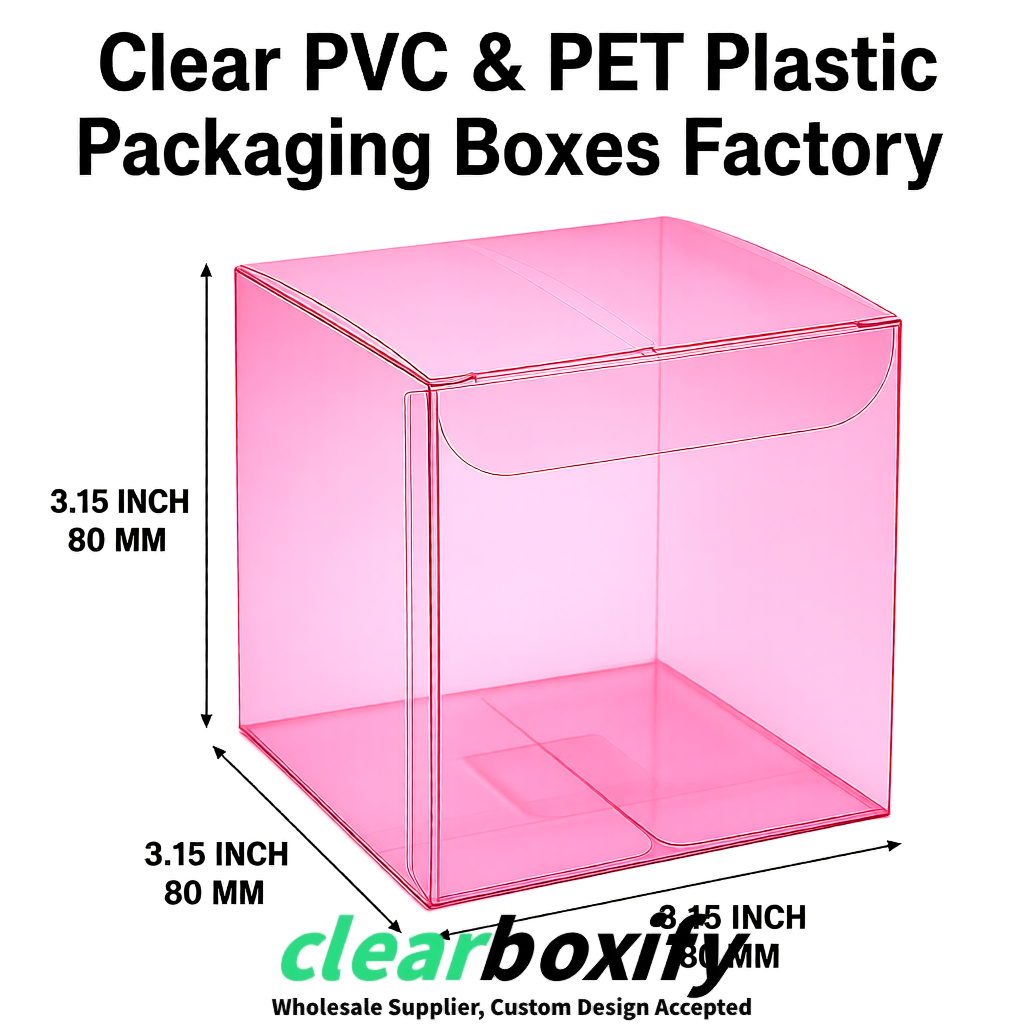 Rose Pink PPWR-ready PVC & PET Clear Boxes 80x80x80/120/140/190mm 70x70x160 mm Factory