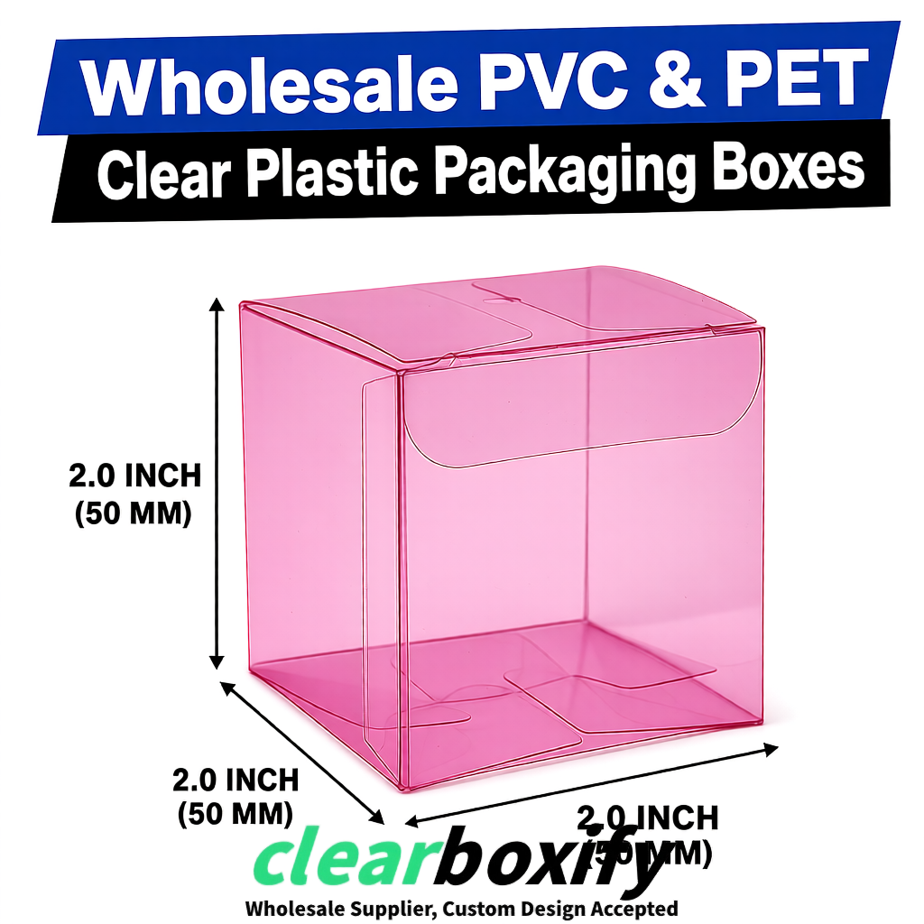 Rose Pink Clear PVC & PET Boxes 38x38x38, 40x40x40, 50x50x50/80mm