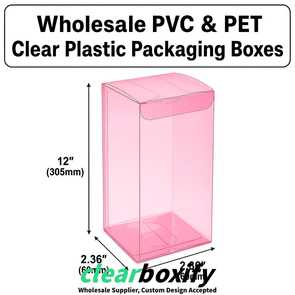 Rose Pink Wholesale Clear PVC & PET Boxes 50x50x120/150/200mm 60x60x60/120 mm