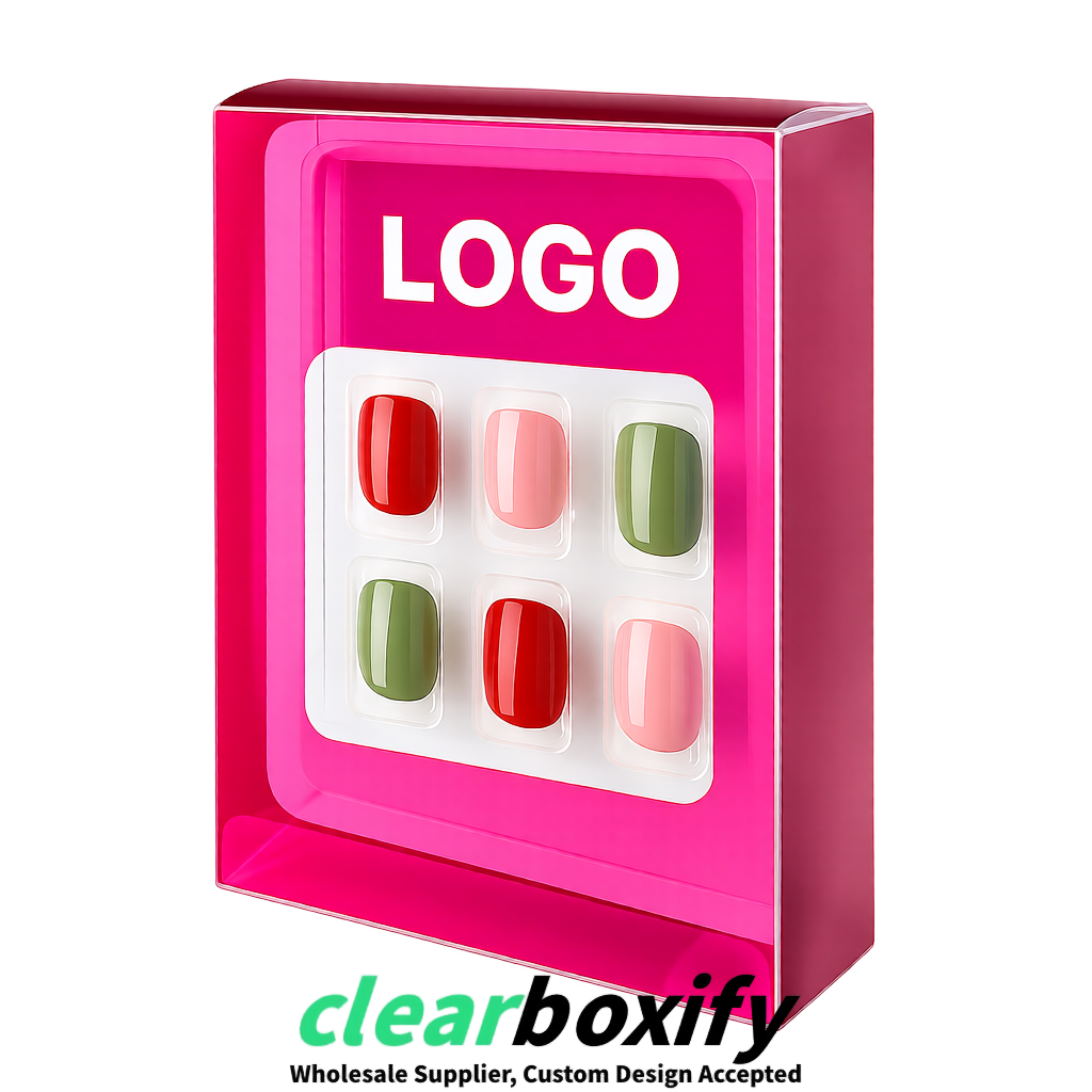 Rose Pink Clear Press-on Nails Box with Hanging Hook | Plastic PVC PP PET Packaging