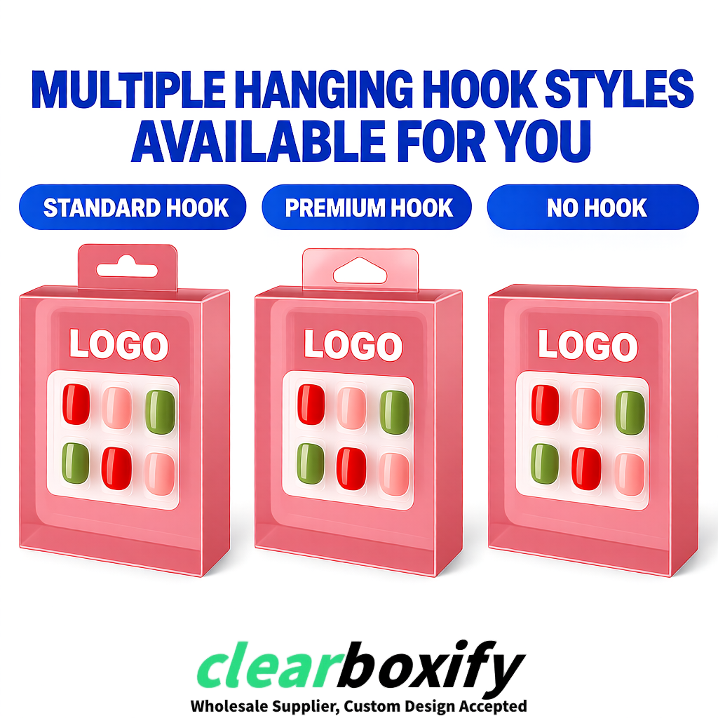 Rose Pink Clear Press-on Nails Box with Hanging Hook | Plastic PVC PP PET Packaging Rose Pink Clear Press-on Nails Box with Hanging Hook | Plastic PVC PP PET Packaging