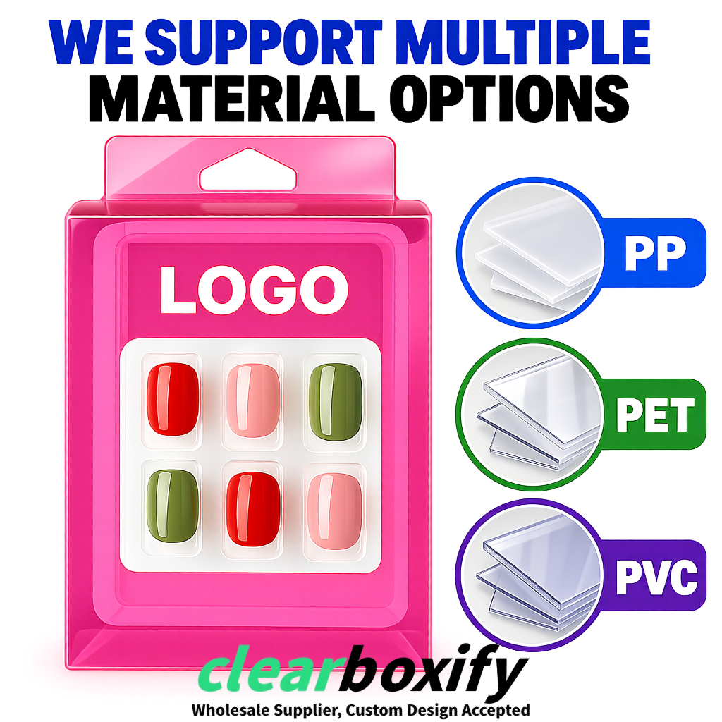 Rose Pink Clear Press-on Nails Box with Hanging Hook | Plastic PVC PP PET Packaging