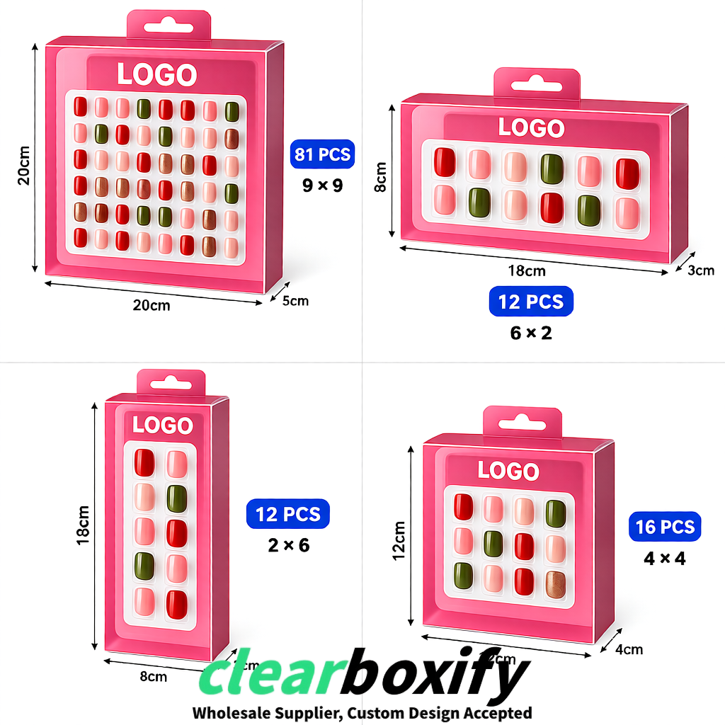 Rose Pink Clear Press-on Nails Box with Hanging Hook | Plastic PVC PP PET Packaging