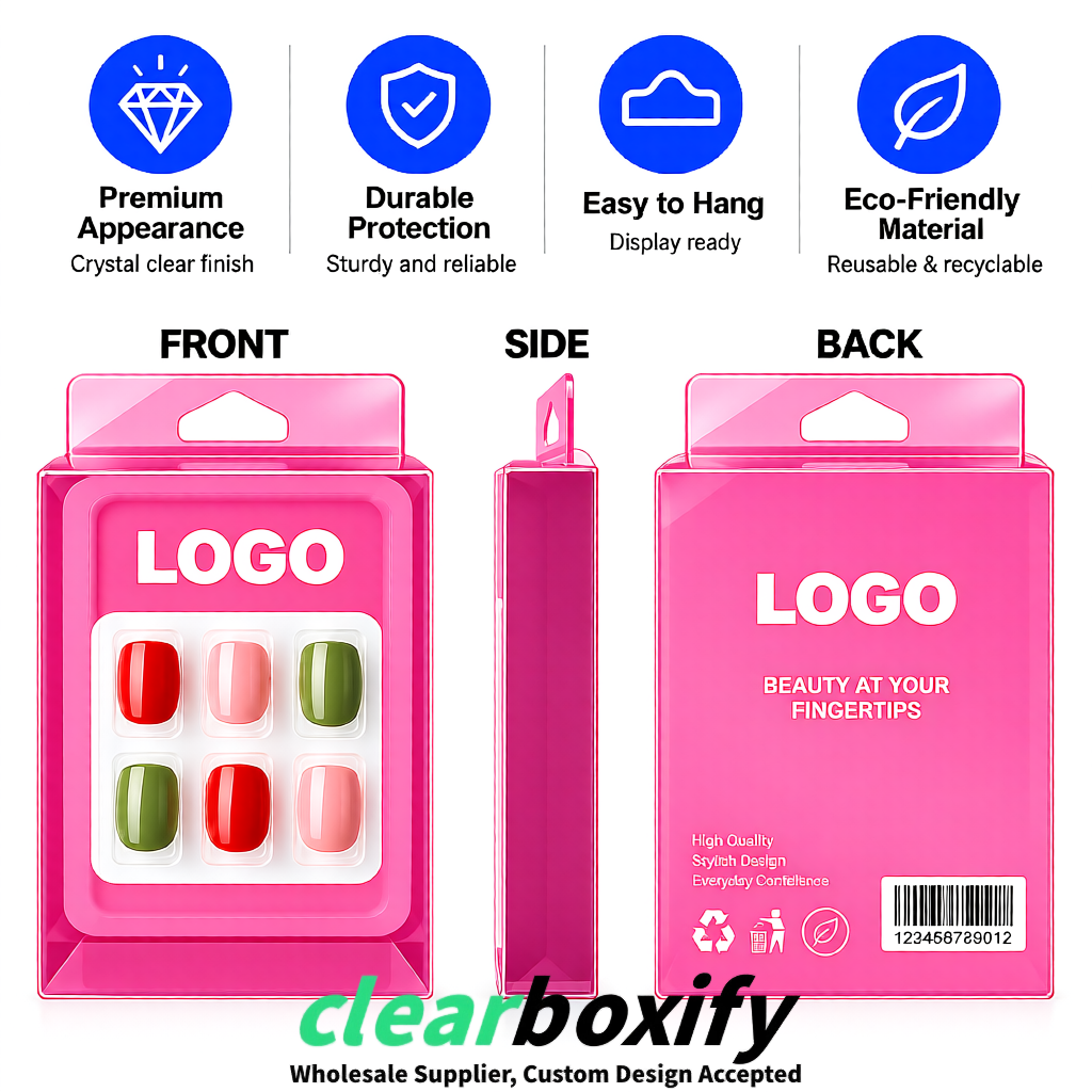 Rose Pink Clear Press-on Nails Box with Hanging Hook | Plastic PVC PP PET Packaging