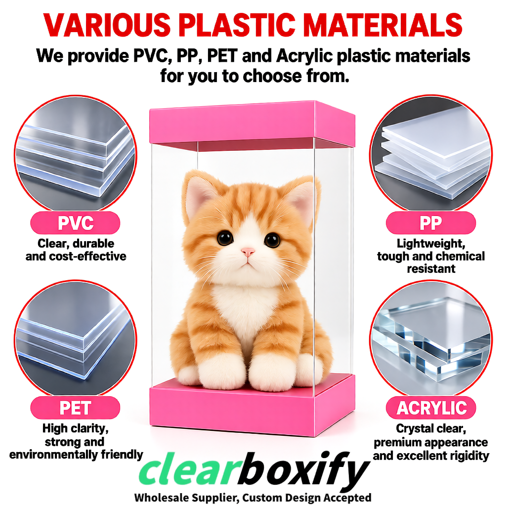 Rose Pink Clear Toy Display Boxes with White Base & Top | Wholesale Bulk Packaging