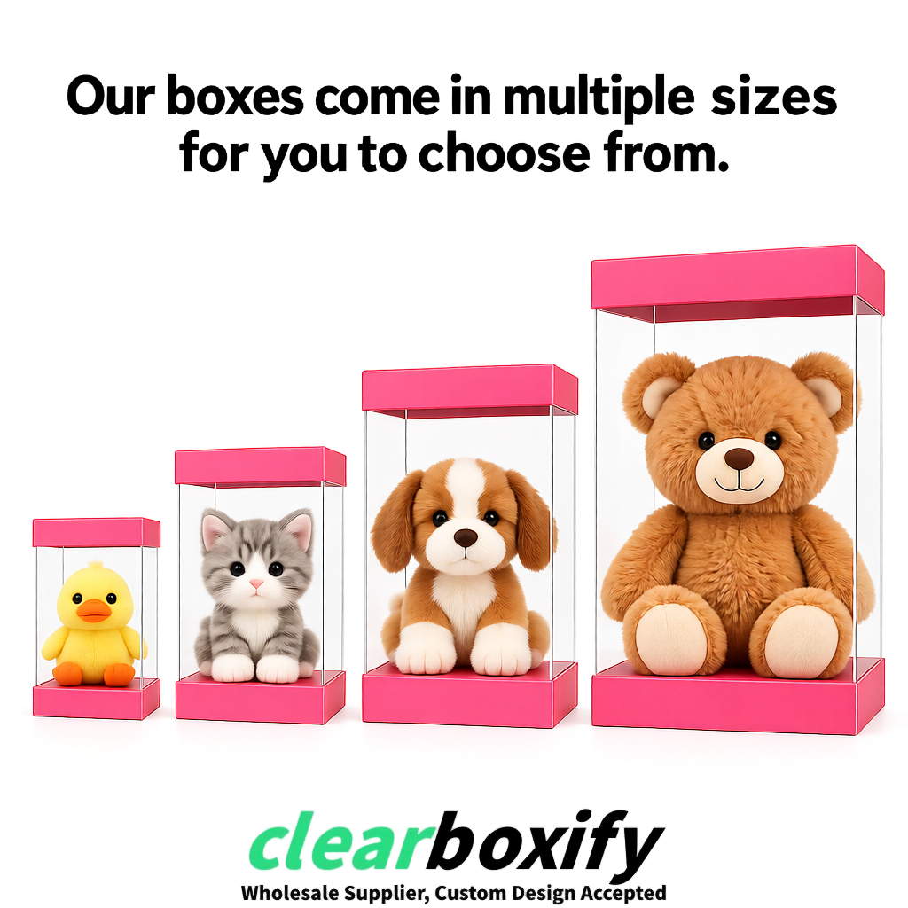 Rose Pink Clear Toy Display Boxes with White Base & Top | Wholesale Bulk Packaging