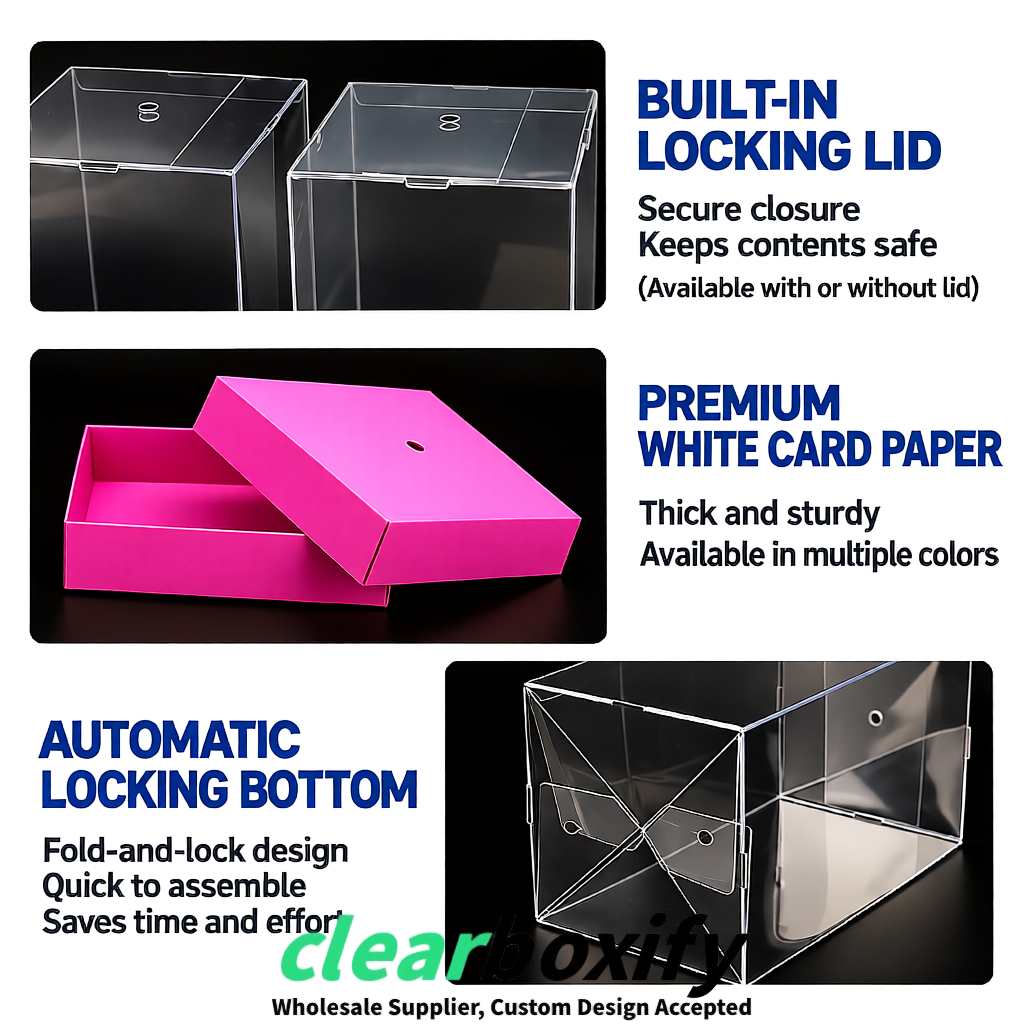 Rose Pink Clear Toy Display Boxes with White Base & Top | Wholesale Bulk Packaging