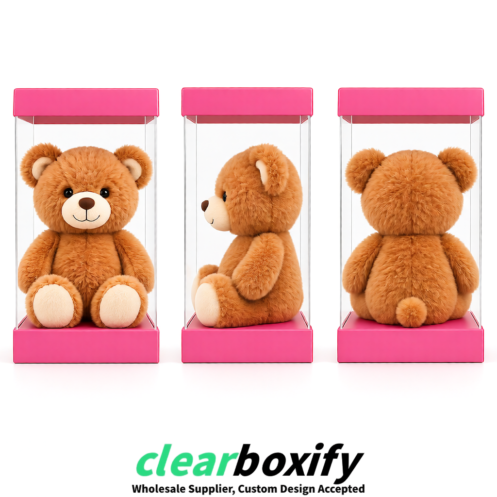 Rose Pink Clear Toy Display Boxes with White Base & Top | Wholesale Bulk Packaging