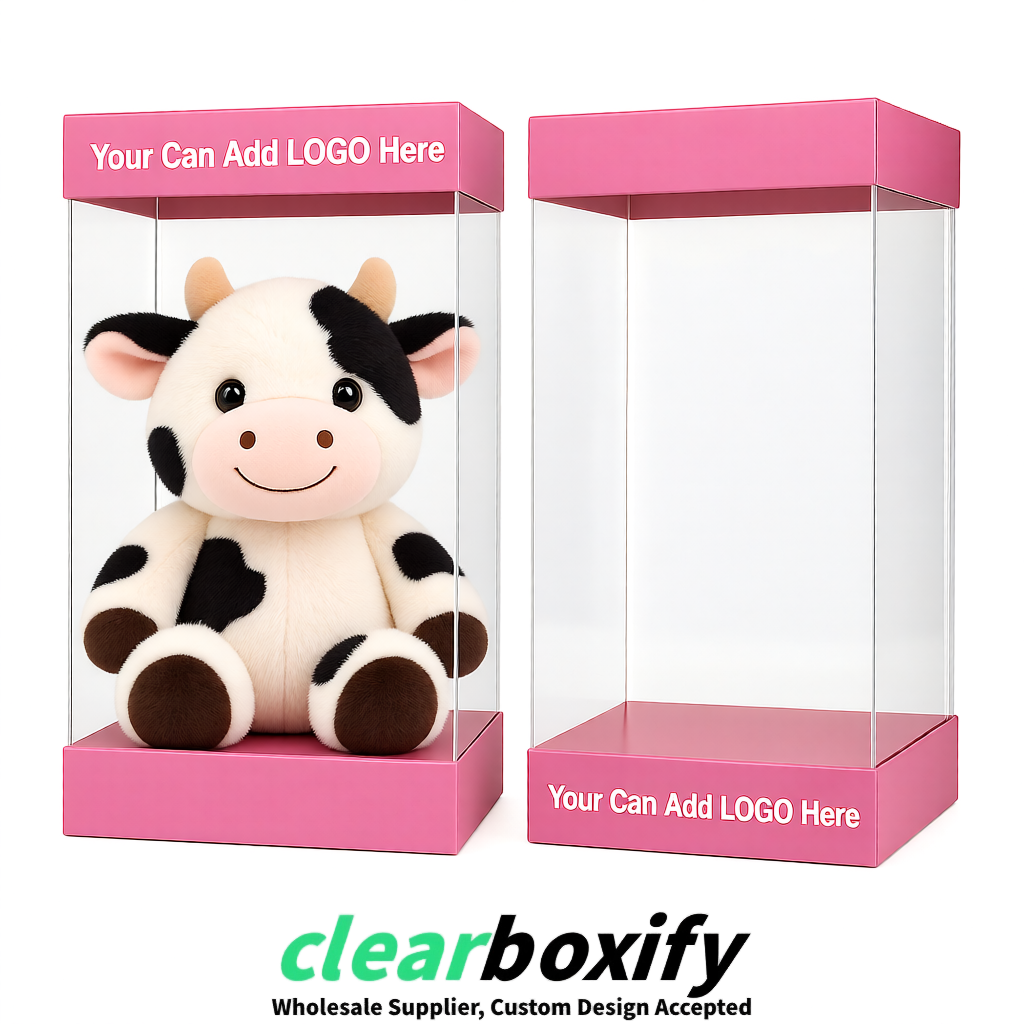 Rose Pink Clear Toy Display Boxes with White Base & Top | Wholesale Bulk Packaging
