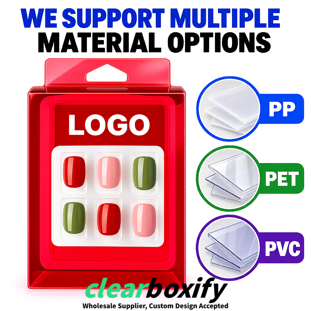 Scarlet Clear Press-on Nails Box with Hanging Hook | Plastic PVC PP PET Packaging